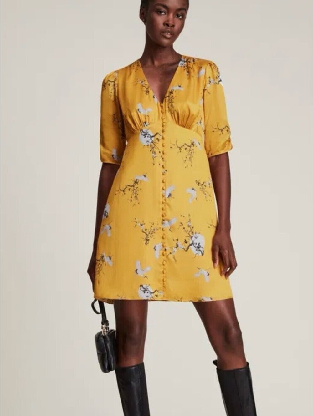 AllSaints Kota Aurora Mini Dress Ochre Yellow Crane Floral Size 8 Designer Satin